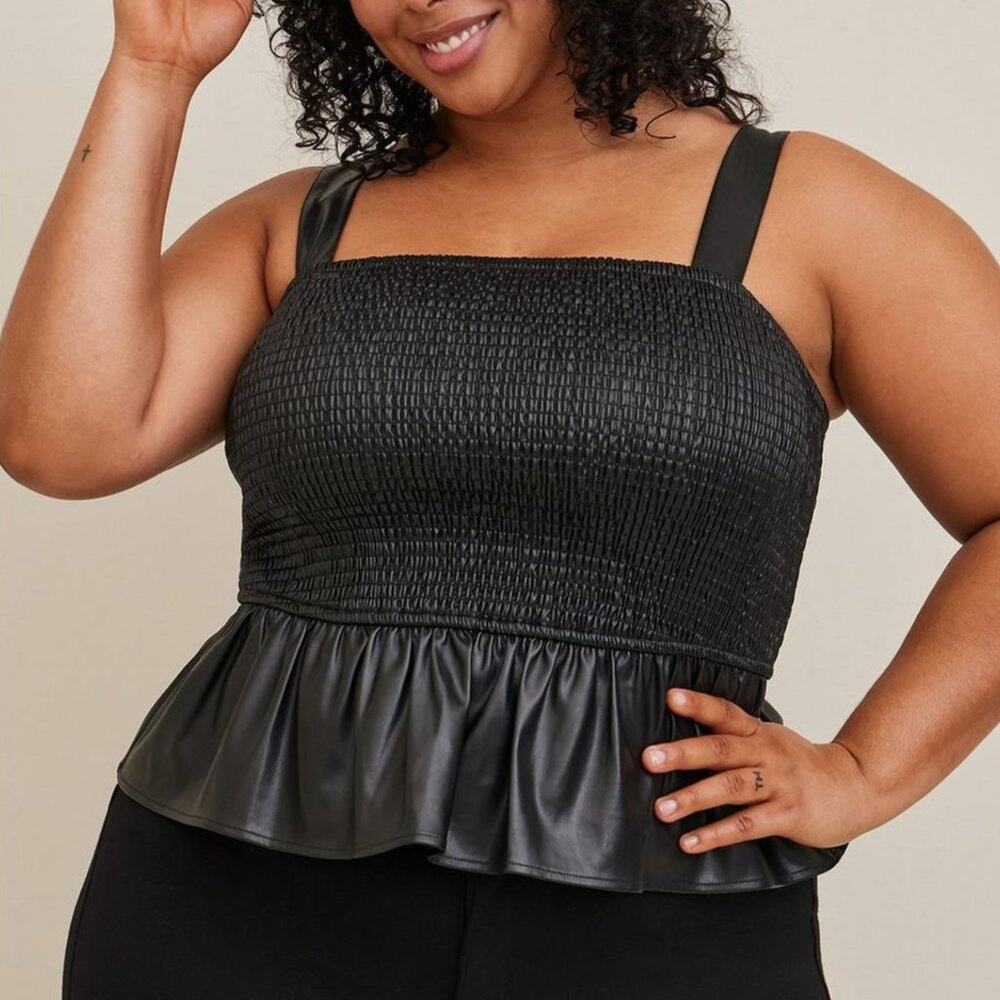 TORRID Peplum Faux Leather Smocked Top Black {C27}